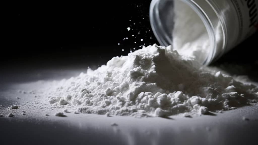 Photo d'un pot de créatine qui déverse son contenu sur une surface