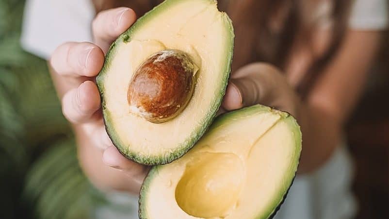 sliced avocado fruit on persons hand